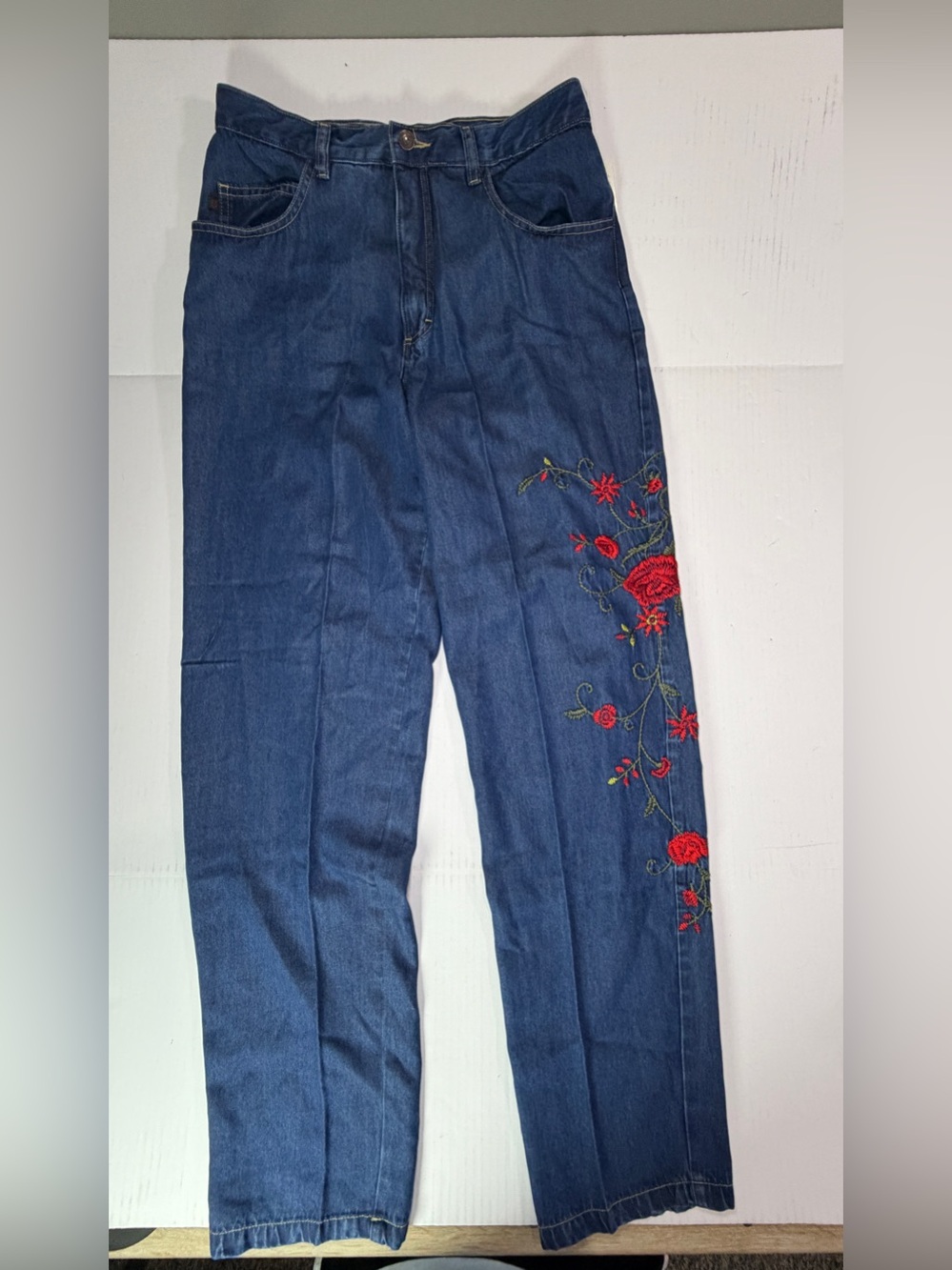 Vintage 90’s Y2K tencel Dark Blue Denim Pants with Red Floral Embroidery